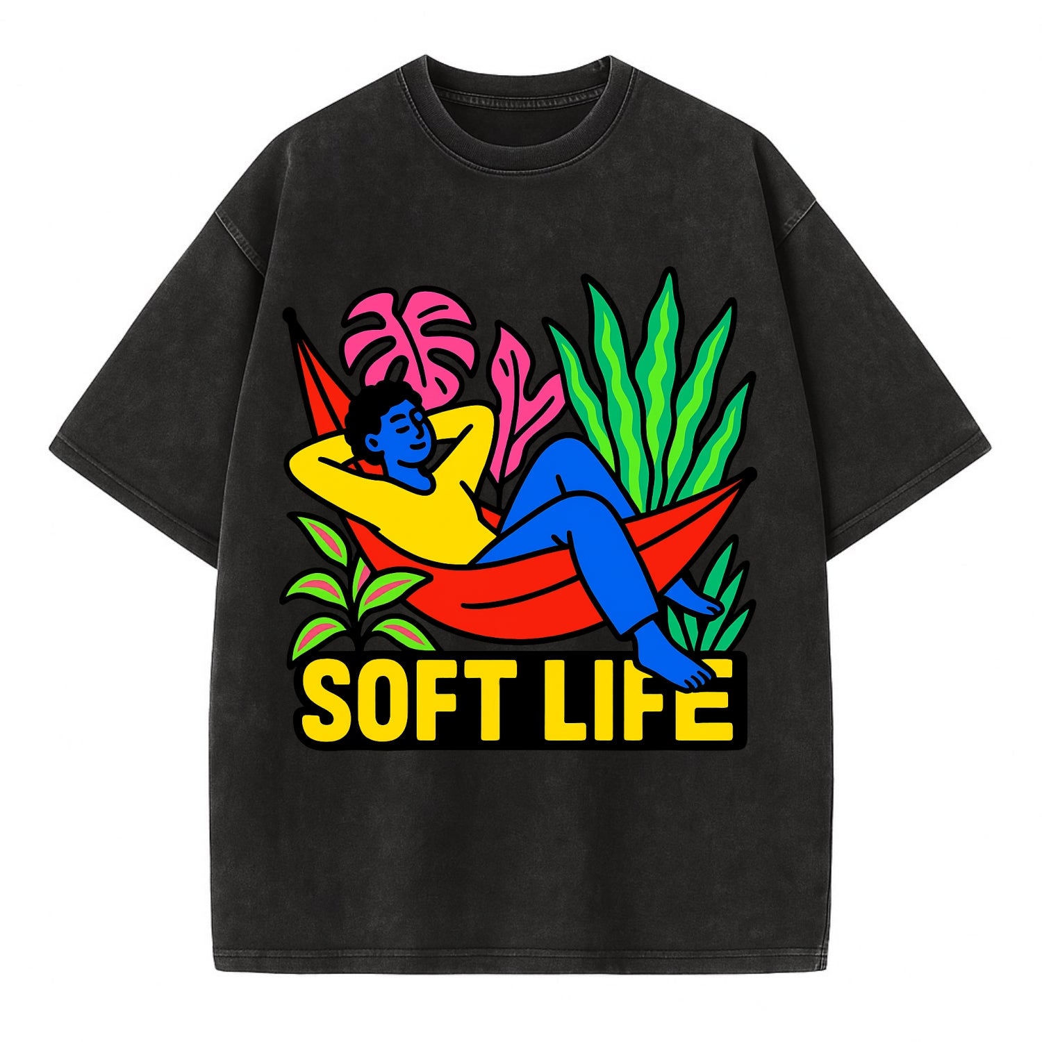 Person relaxing in hammock with plants - "soft life" aesthetic, peaceful living - Vintage T-shirt - Black