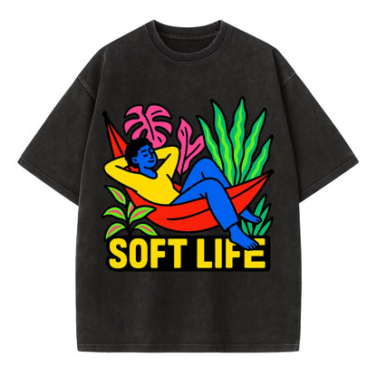 Person relaxing in hammock with plants - "soft life" aesthetic, peaceful living - Vintage T-shirt - Black