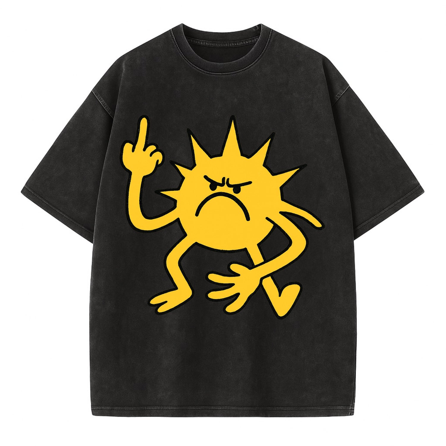 MORNINGS ARE PUNISHMENT | Grumpy sun with middle finger - Vintage T-shirt - Black