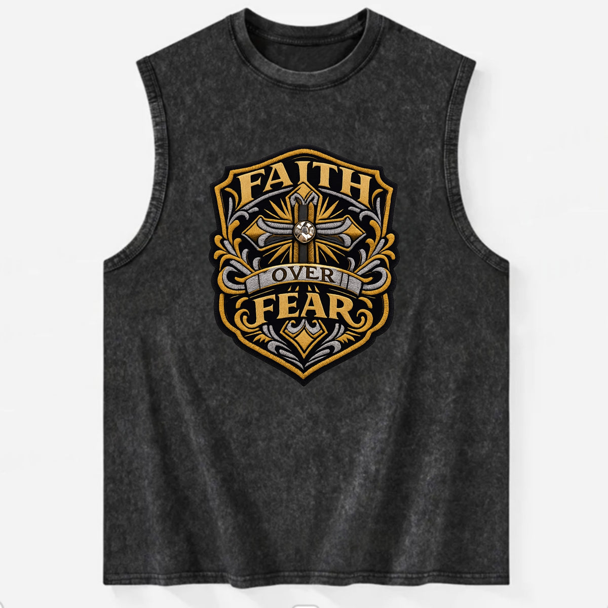 FAITH OVER FEAR - cross with text in gold , spiritual strength - Vintage Washed Tank - Black