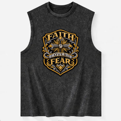 FAITH OVER FEAR - cross with text in gold , spiritual strength - Vintage Washed Tank - Black