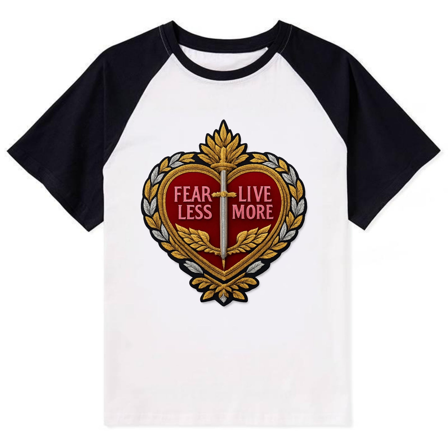 FEAR LESS LIVE MORE - heart with text in red , courage - Contrast Raglan T-shirt - Black