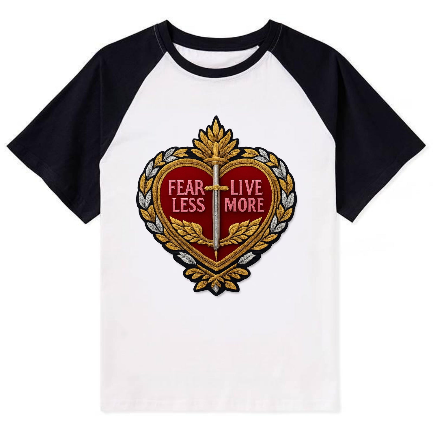 FEAR LESS LIVE MORE - heart with text in red , courage - Contrast Raglan T-shirt - Black