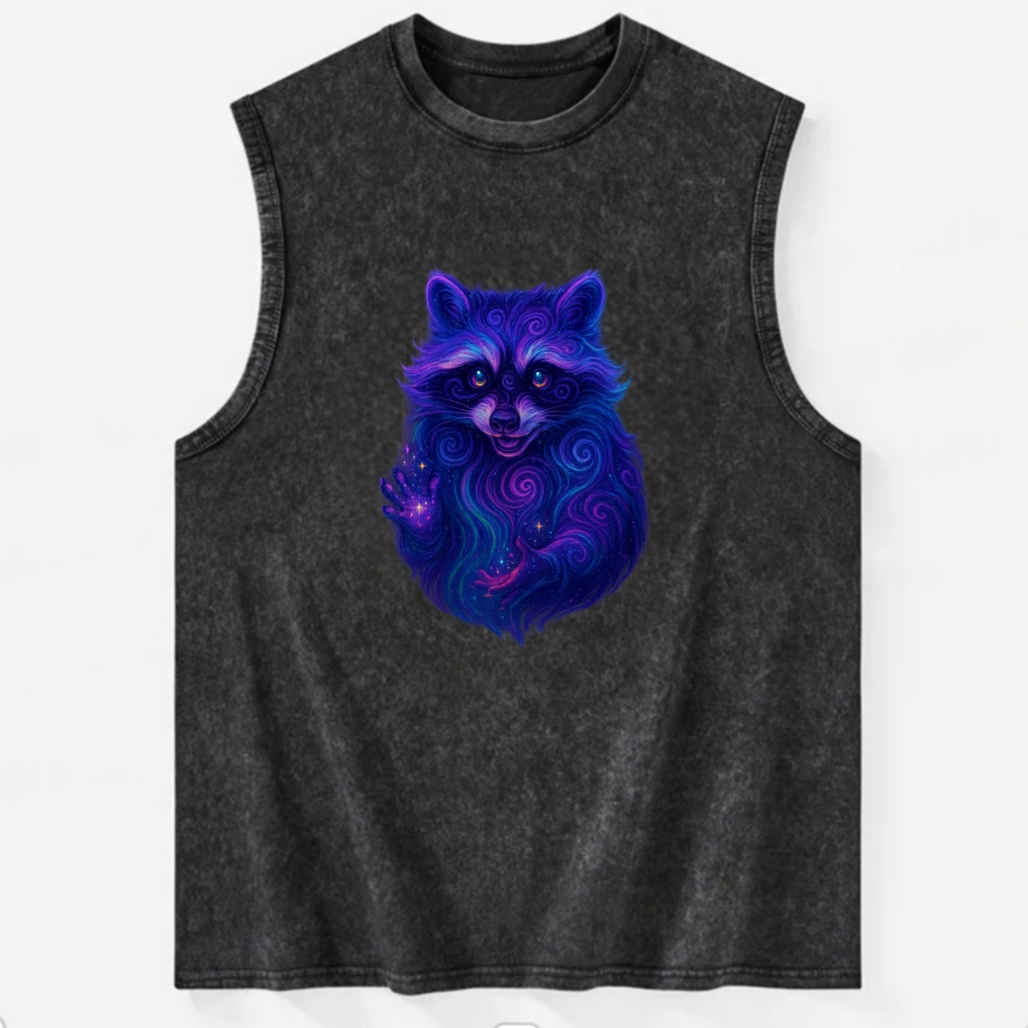 Playful raccoon with mask swirling in hypnotic patterns, neon purple and - Vintage Washed Tank - Black