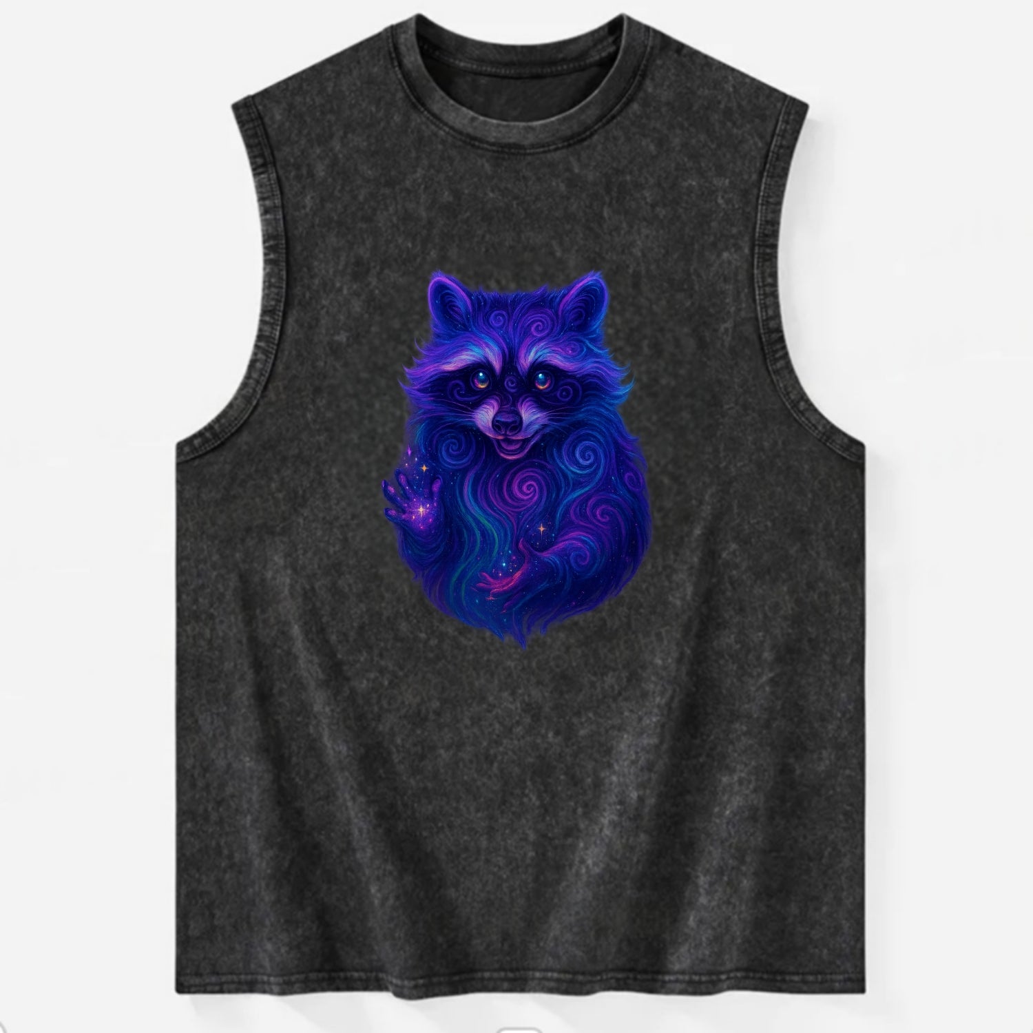 Playful raccoon with mask swirling in hypnotic patterns, neon purple and - Vintage Washed Tank - Black
