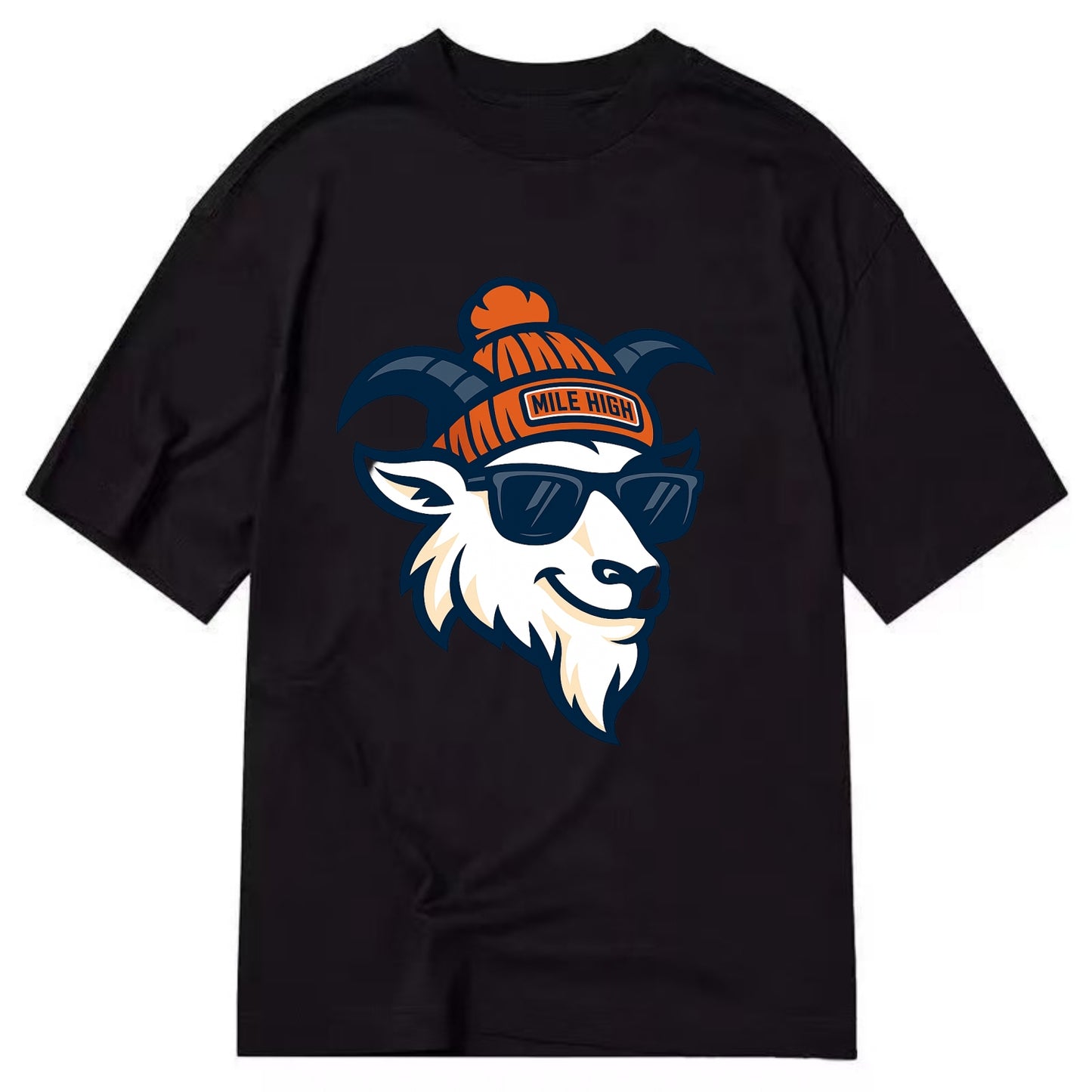 Denver Mountain Goat wearing Broncos beanie with Mile High patch and wayfarer - Classic T-shirt - Black