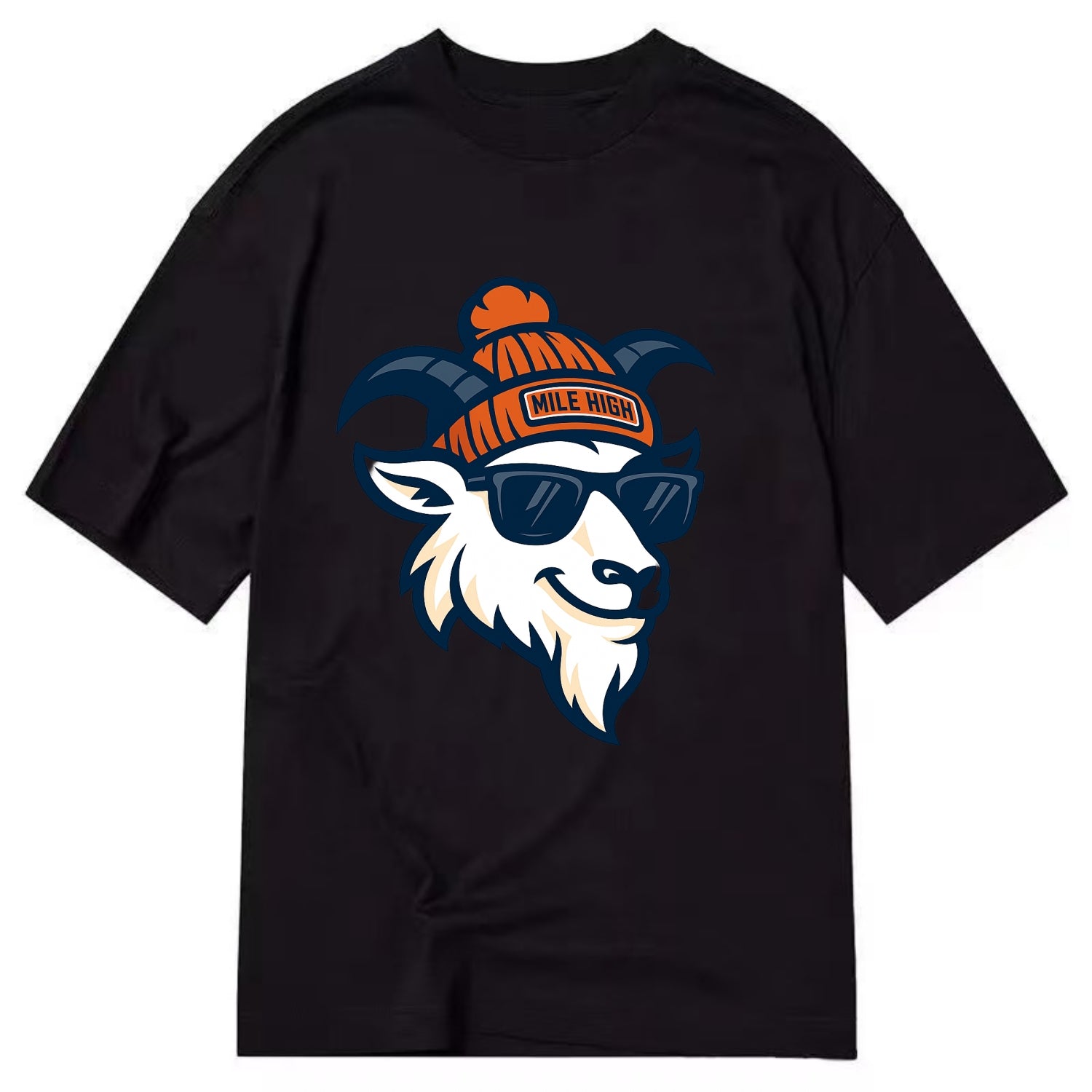 Denver Mountain Goat wearing Broncos beanie with Mile High patch and wayfarer - Classic T-shirt - Black