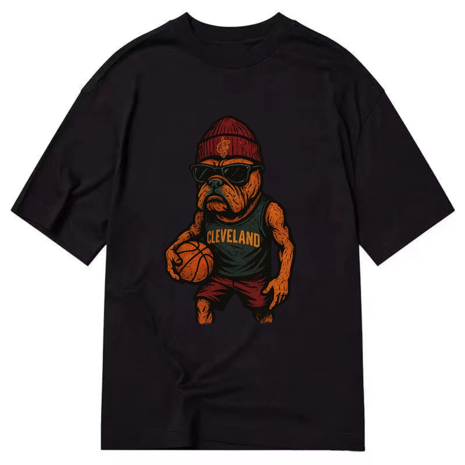 Cleveland Bulldog wearing Cavaliers wine and gold beanie with sword patch and - Classic T-shirt - Black
