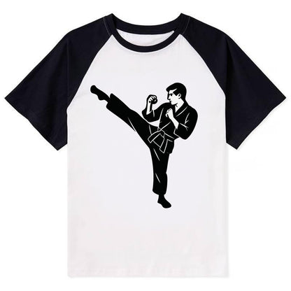 Martial artist performing a high kick - Contrast Raglan T-shirt - Black
