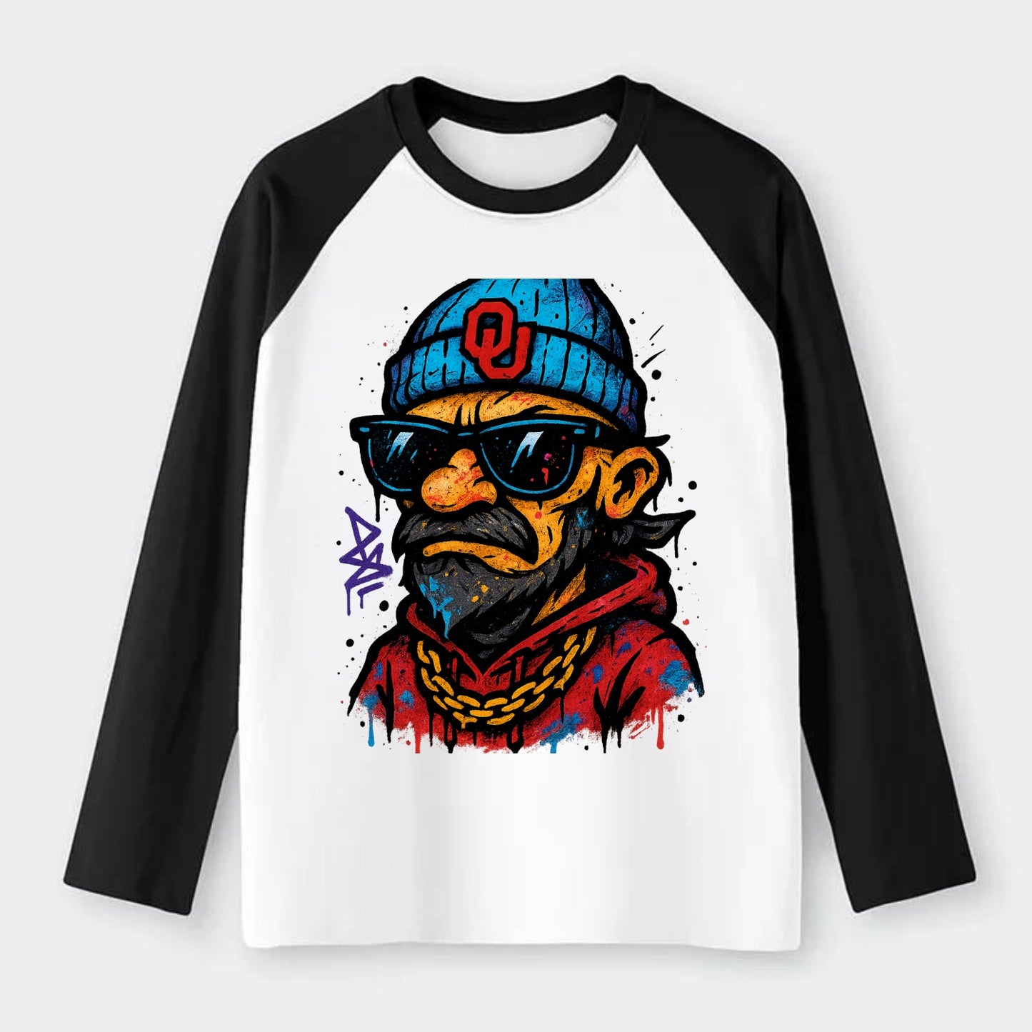 Norman Sooner wearing Oklahoma beanie with OU patch - Raglan Long Sleeve T-Shirt - Black