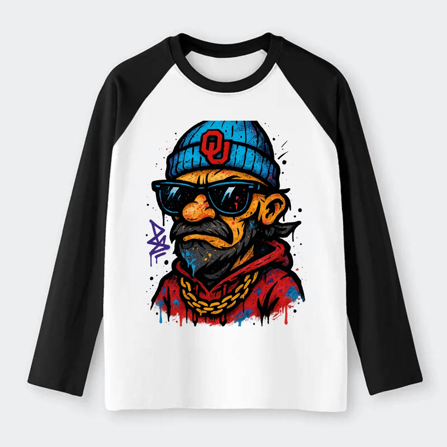 Norman Sooner wearing Oklahoma beanie with OU patch - Raglan Long Sleeve T-Shirt - Black