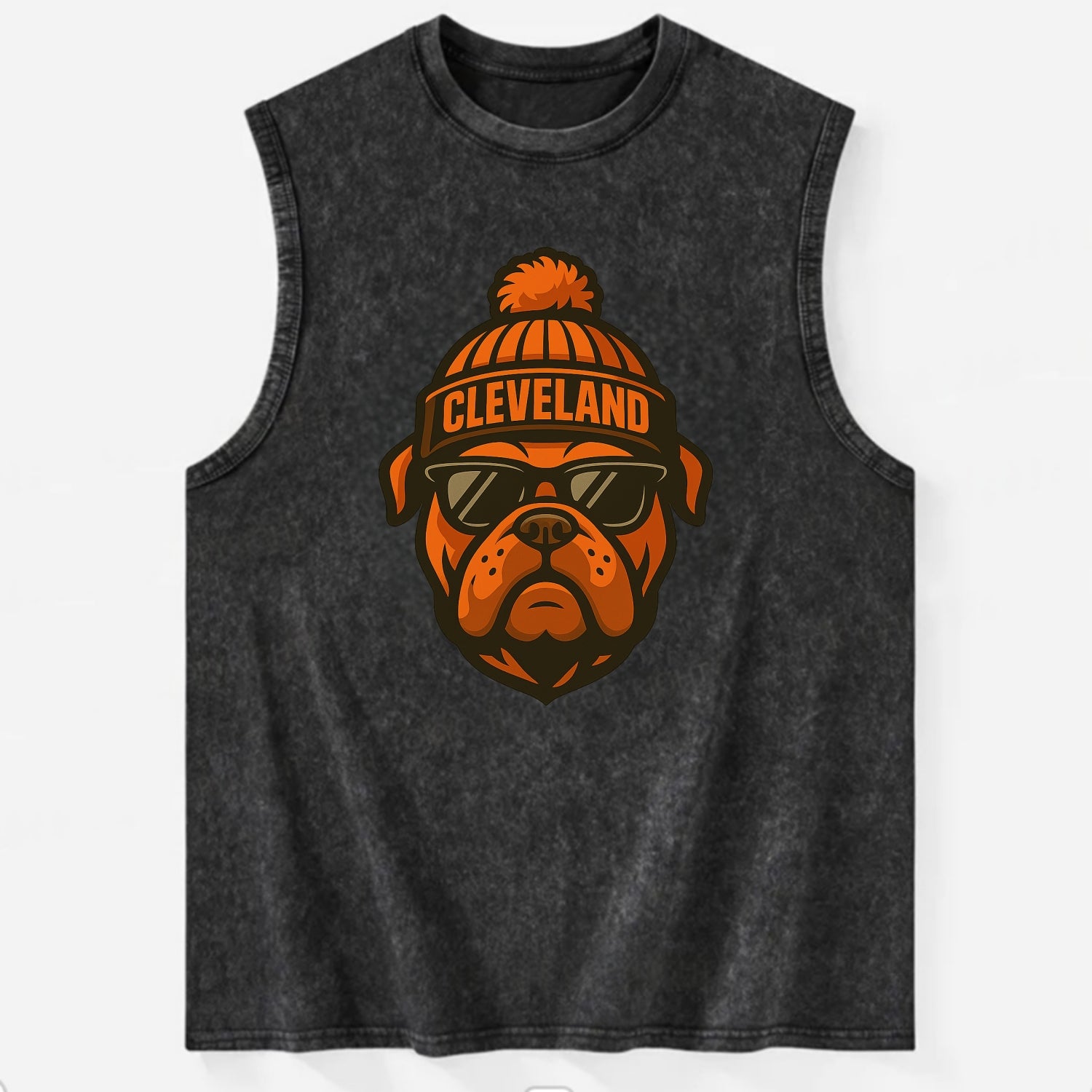 Cleveland Bulldog wearing Browns orange and brown beanie with pom pom and - Vintage Washed Tank - Black