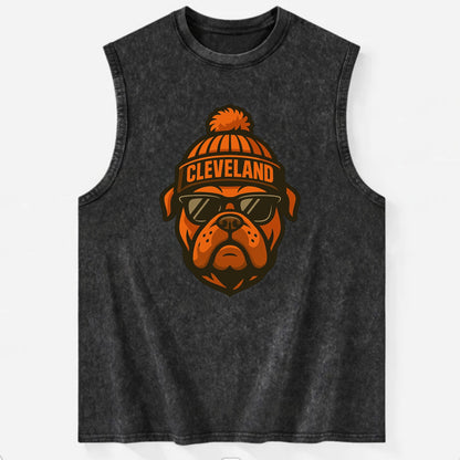 Cleveland Bulldog wearing Browns orange and brown beanie with pom pom and - Vintage Washed Tank - Black