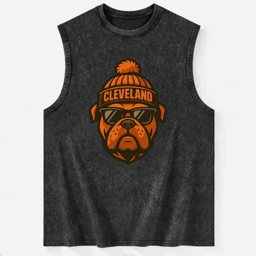 Cleveland Bulldog wearing Browns orange and brown beanie with pom pom and - Vintage Washed Tank