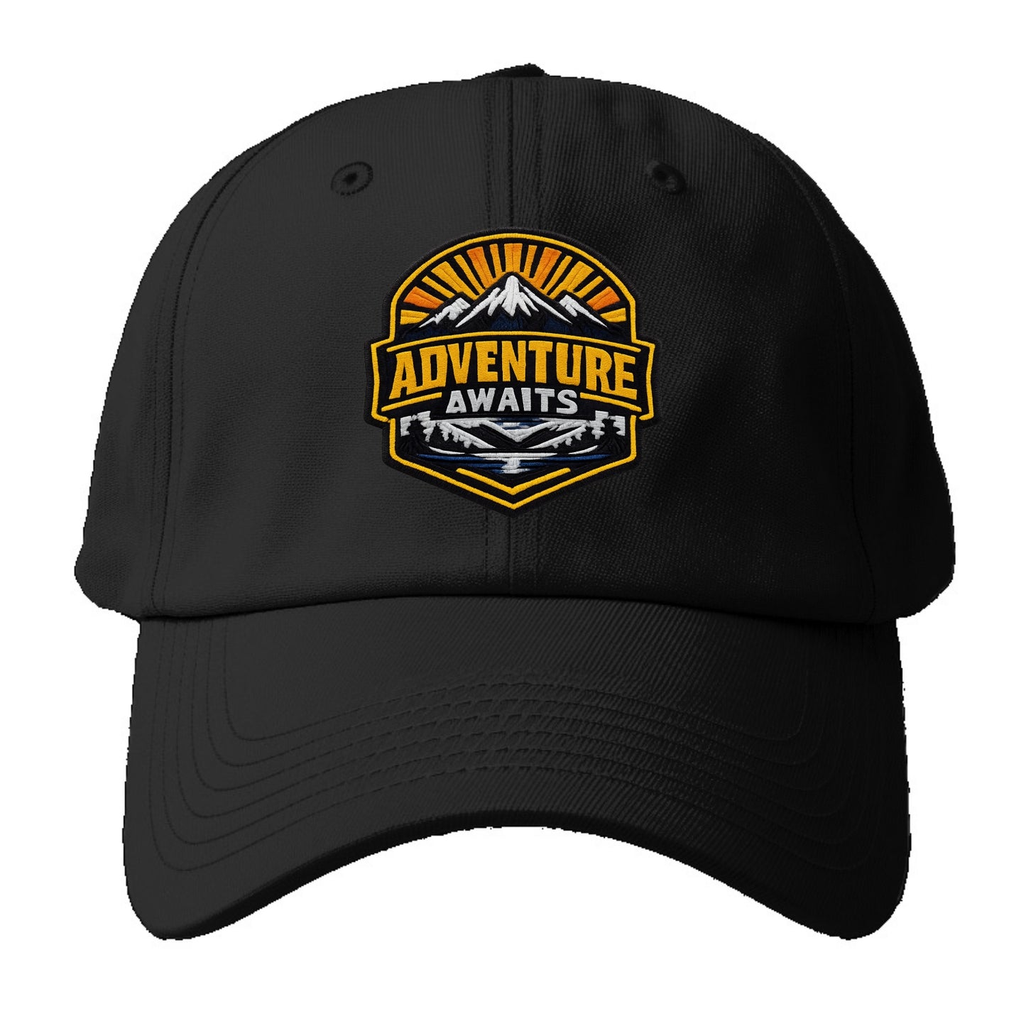 ADVENTURE AWAITS - mountain sunrise with text in gold and blue , wanderlust - Baseball Cap - Black
