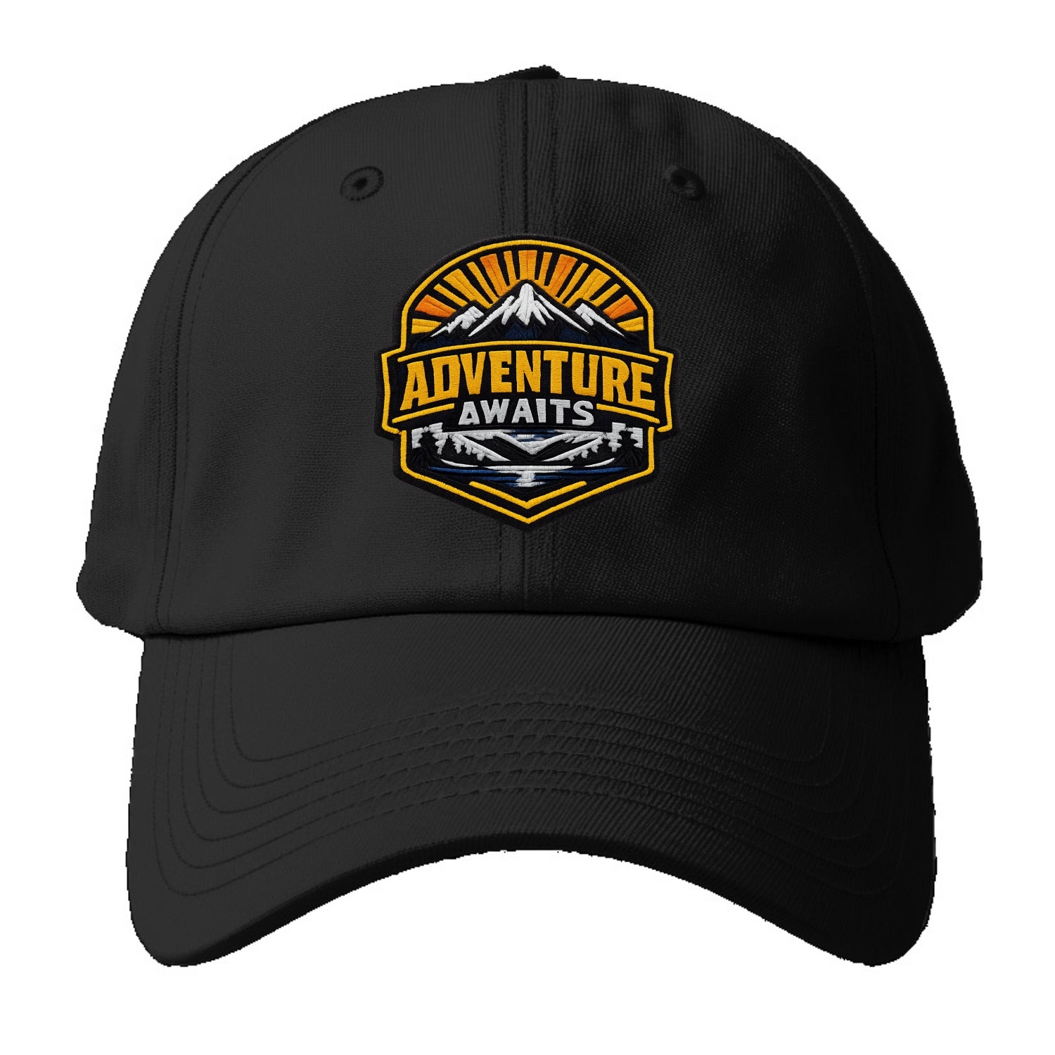 ADVENTURE AWAITS - mountain sunrise with text in gold and blue , wanderlust - Baseball Cap - Black
