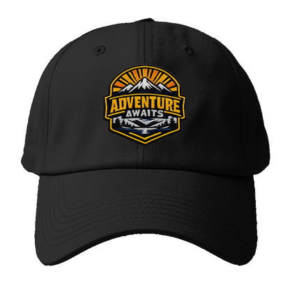ADVENTURE AWAITS - mountain sunrise with text in gold and blue , wanderlust - Baseball Cap - Black