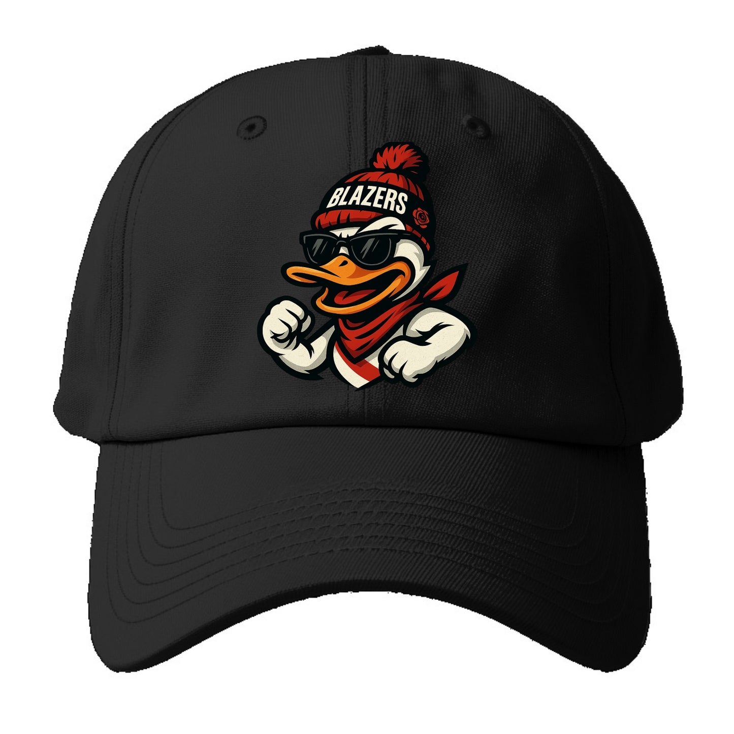 Oregon Duck wearing Trail Blazers beanie with rose patch and wayfarer - Baseball Cap For Big Heads - Black
