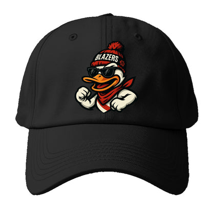 Oregon Duck wearing Trail Blazers beanie with rose patch and wayfarer - Baseball Cap For Big Heads - Black