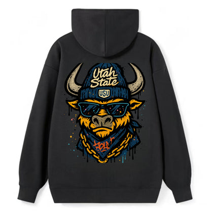 Logan Aggie wearing Utah State beanie with USU patch - Classic Pullover Hoodie - Black