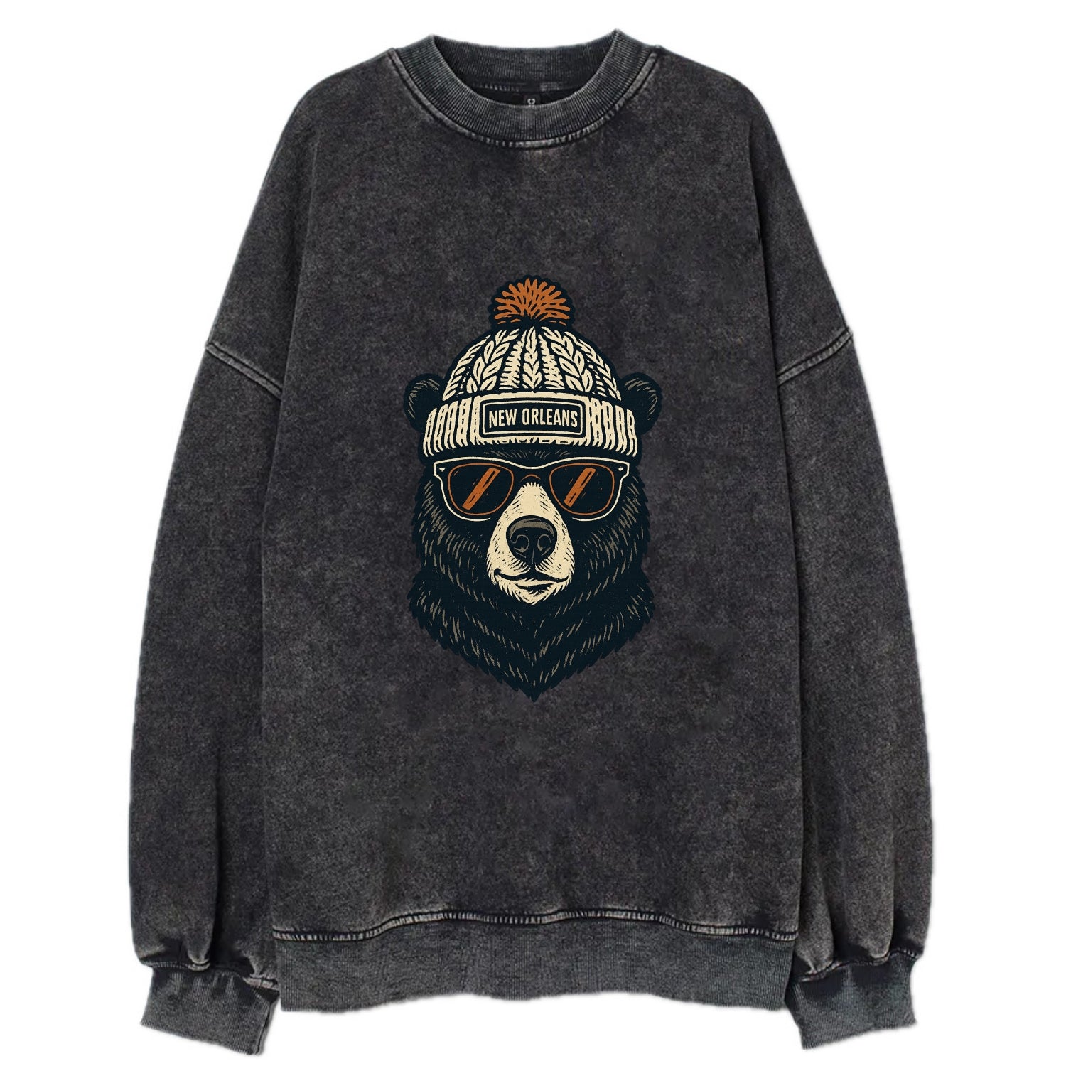 Louisiana Black Bear wearing New Orleans beanie with pom pom and wayfarer - Vintage Sweatshirt - Black