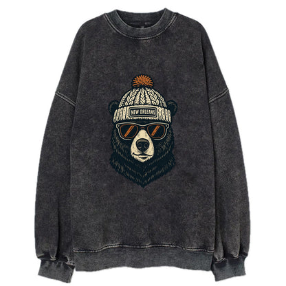 Louisiana Black Bear wearing New Orleans beanie with pom pom and wayfarer - Vintage Sweatshirt - Black