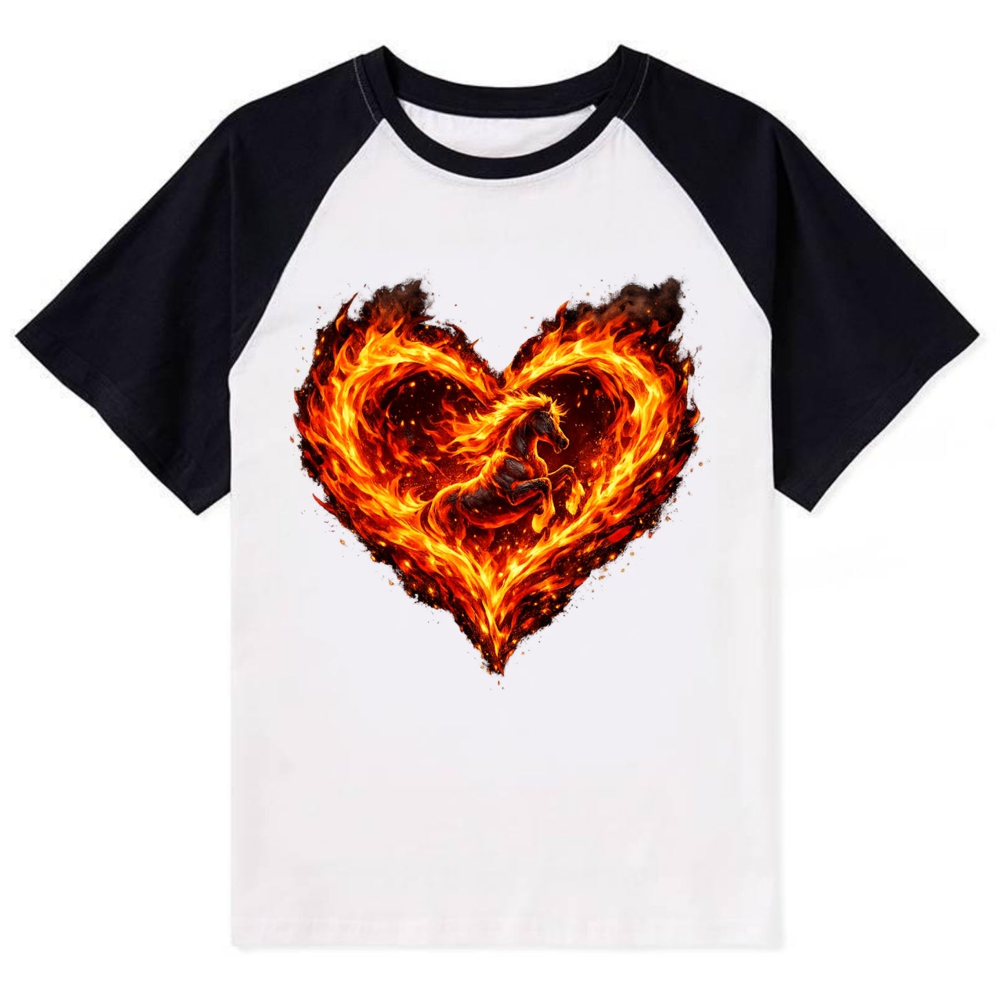 HEART OF FIRE | Flaming heart with horse silhouette inside | Passion - Contrast Raglan T-shirt - Black