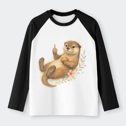 adorable otter floating on back, middle finger up while holding a - Raglan Long Sleeve T-Shirt - Black