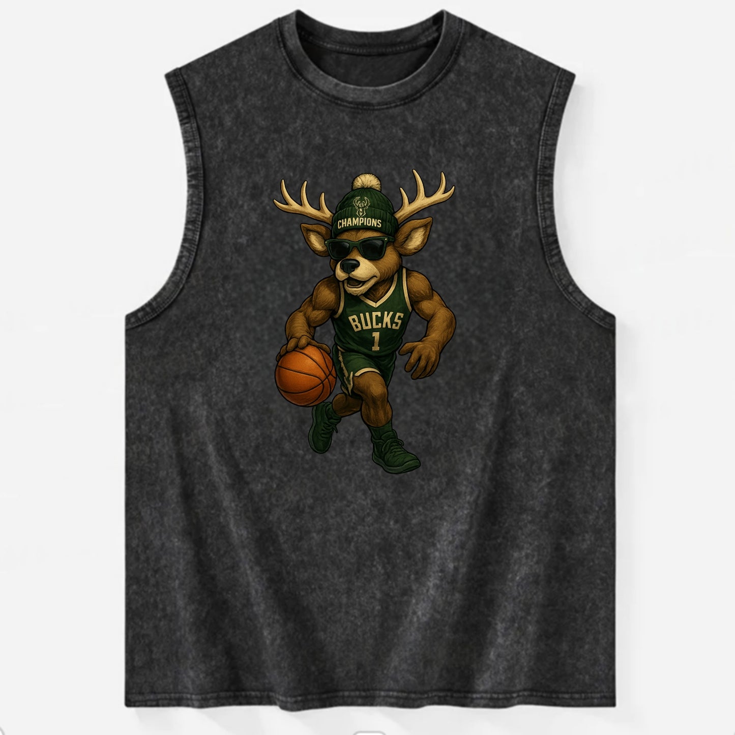 Milwaukee Buck Deer wearing Bucks green and cream beanie with antlers and - Vintage Washed Tank - Black