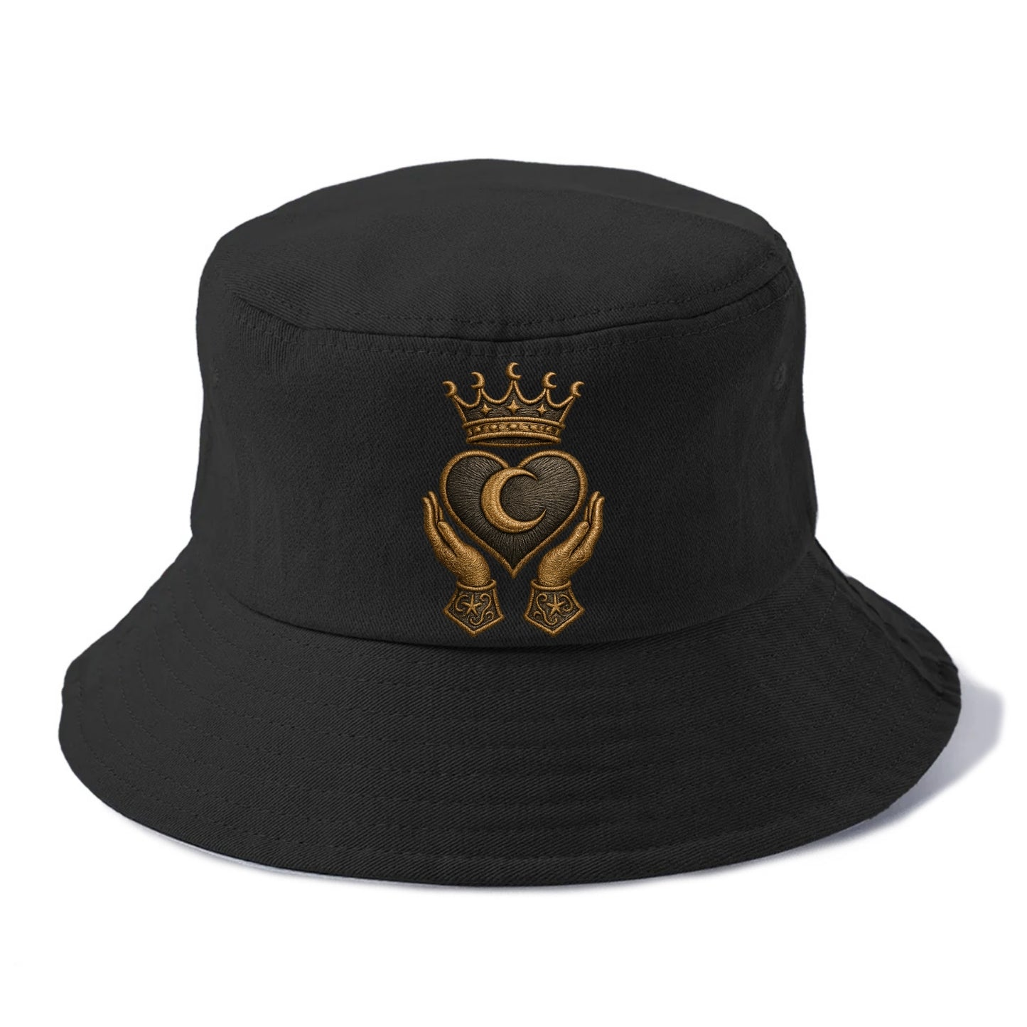 Moonlit crescent crown cradling a hematite heart with stargazer hands cupped beneath. - Bucket Hat - Black