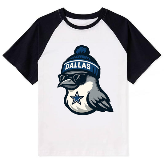 Dallas Mockingbird wearing Cowboys beanie with sheriff star and wayfarer - Contrast Raglan T-shirt - Black