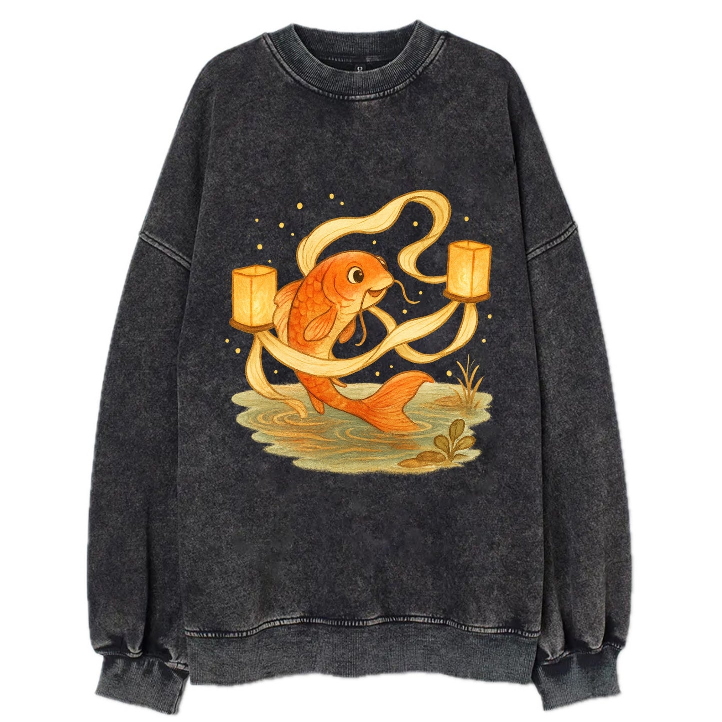 Koi weaving silk streamers through floating lanterns on tranquil water - Vintage Sweatshirt - Black