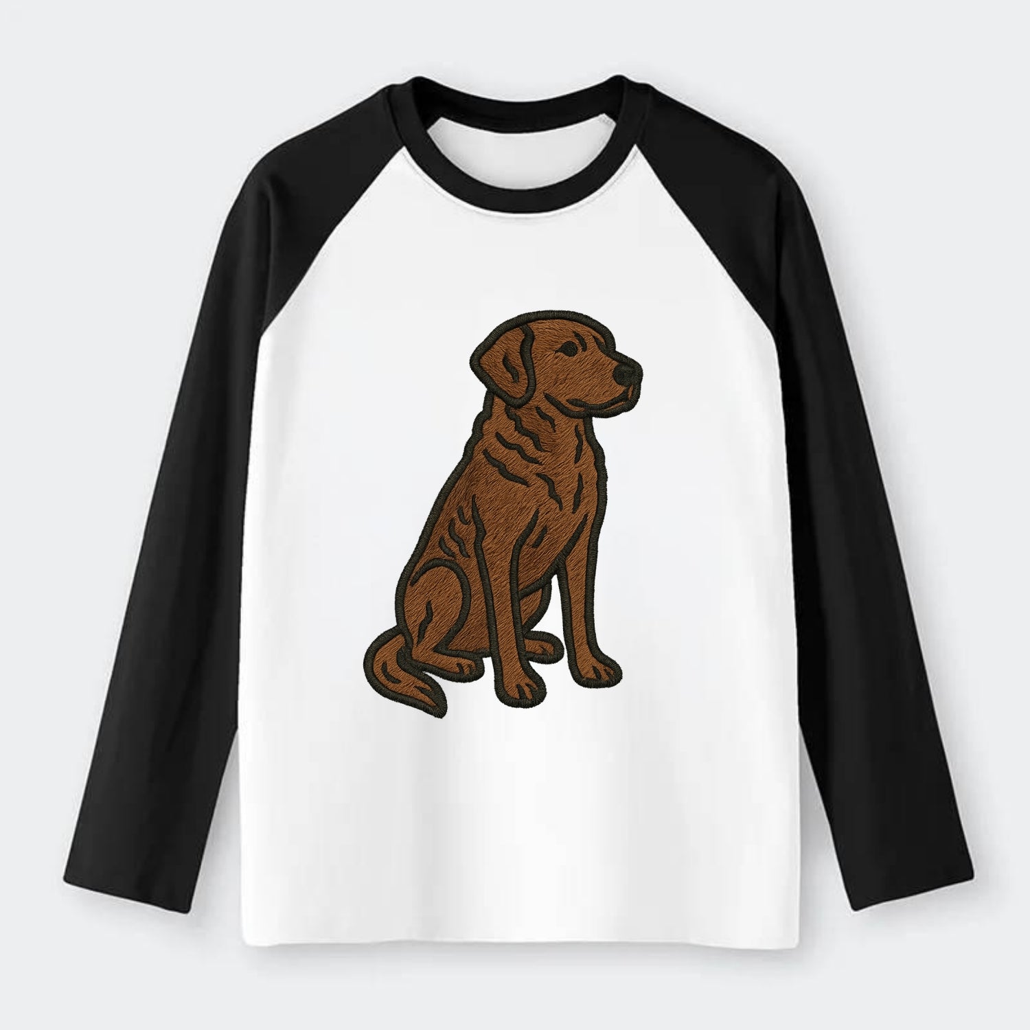 Chesapeake Bay Retriever - Brown wavy coat embroidered sitting pose - Raglan Long Sleeve T-Shirt - Black