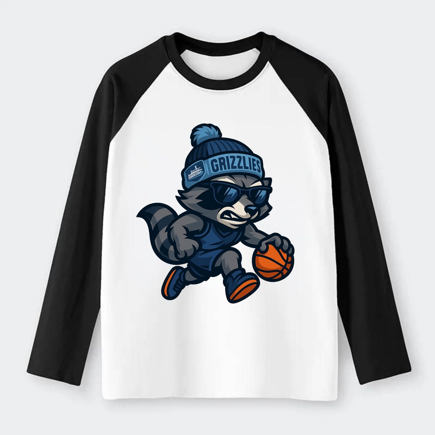 Memphis Raccoon wearing Grizzlies beanie with riverboat patch and - Raglan Long Sleeve T-Shirt - Black