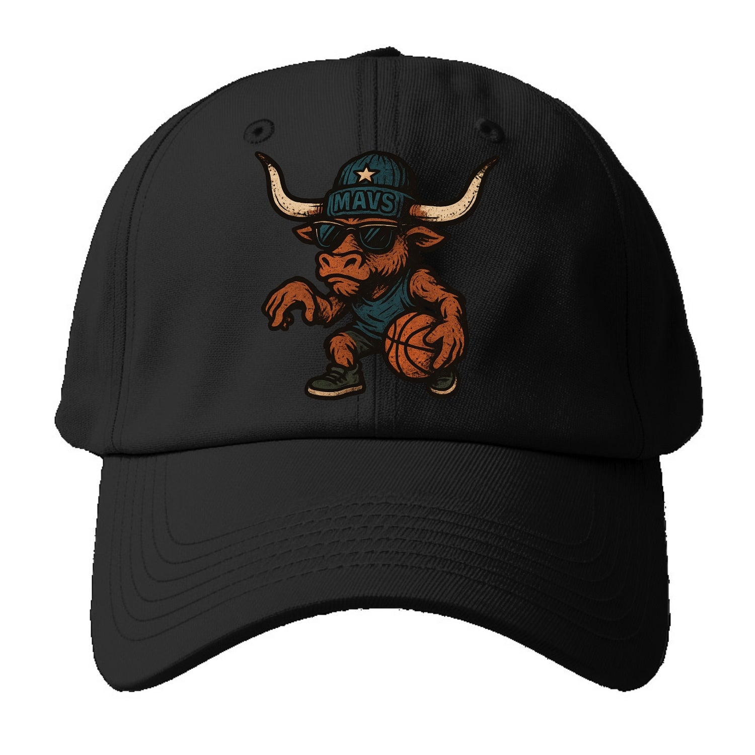 Texas Longhorn wearing Mavs beanie with lone star patch and wayfarer sunglasses - Baseball Cap - Black