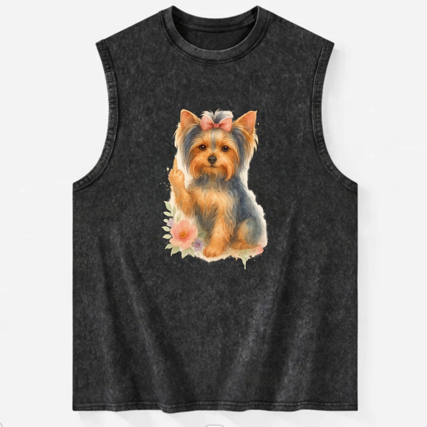 Yorkshire Terrier with topknot bow, one delicate paw flipping off - Vintage Washed Tank - Black