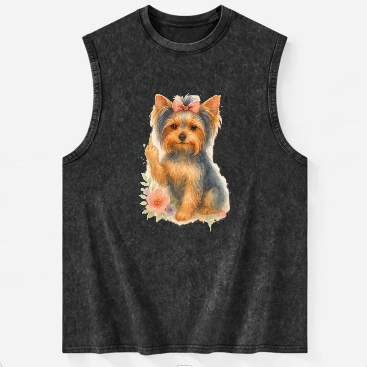 Yorkshire Terrier with topknot bow, one delicate paw flipping off - Vintage Washed Tank - Black
