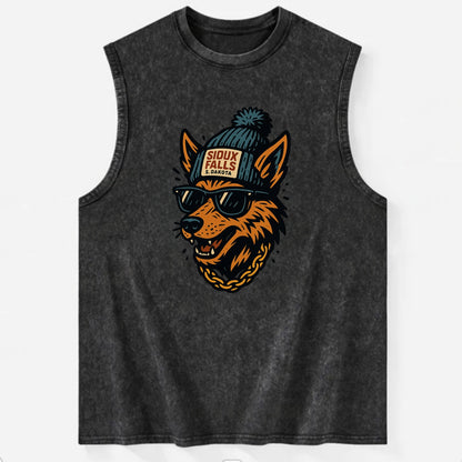 South Dakota Coyote wearing Sioux Falls beanie with pom pom and wayfarer - Vintage Washed Tank - Black