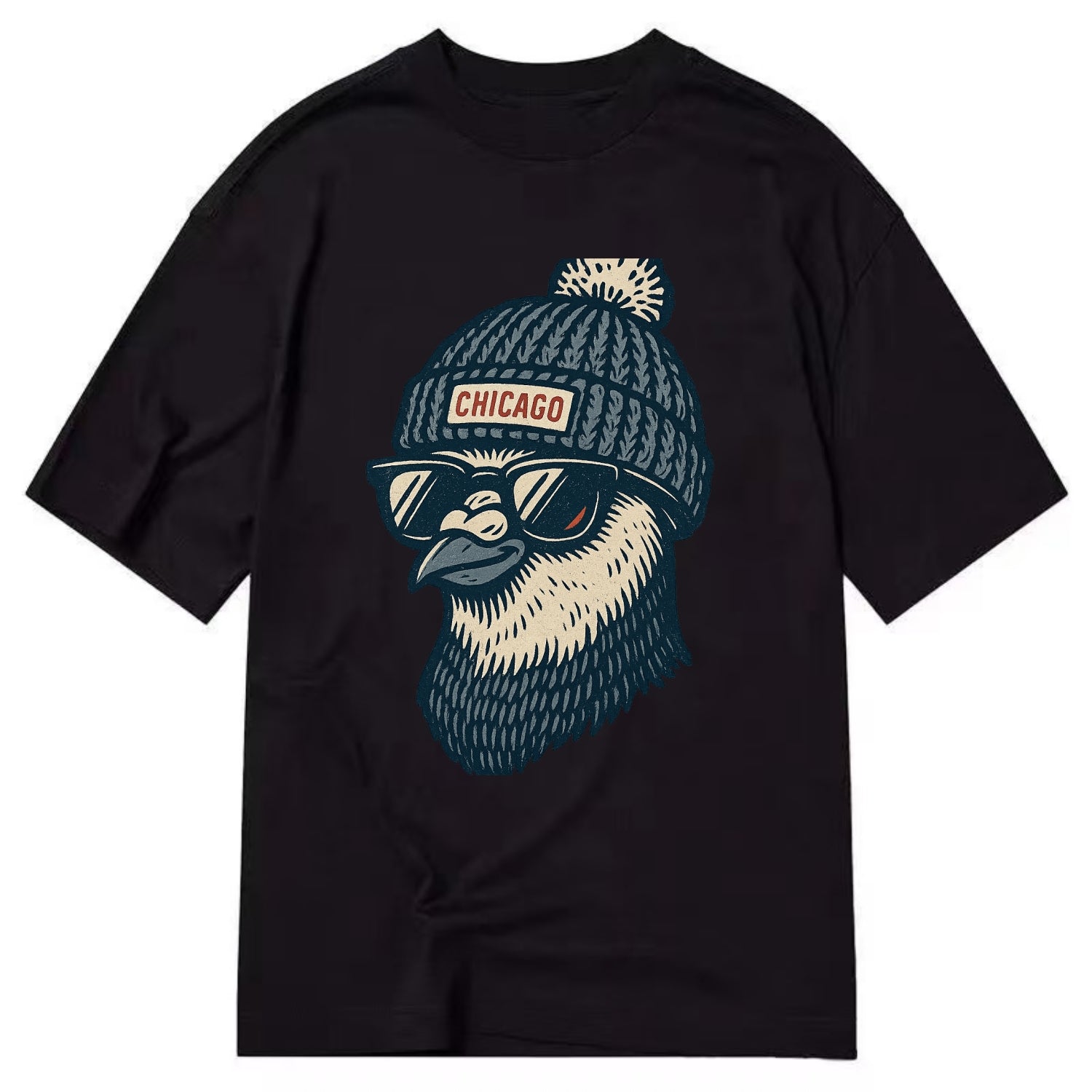 Chicago Pigeon wearing Chicago beanie with pom pom and wayfarer sunglasses - Classic T-shirt - Black