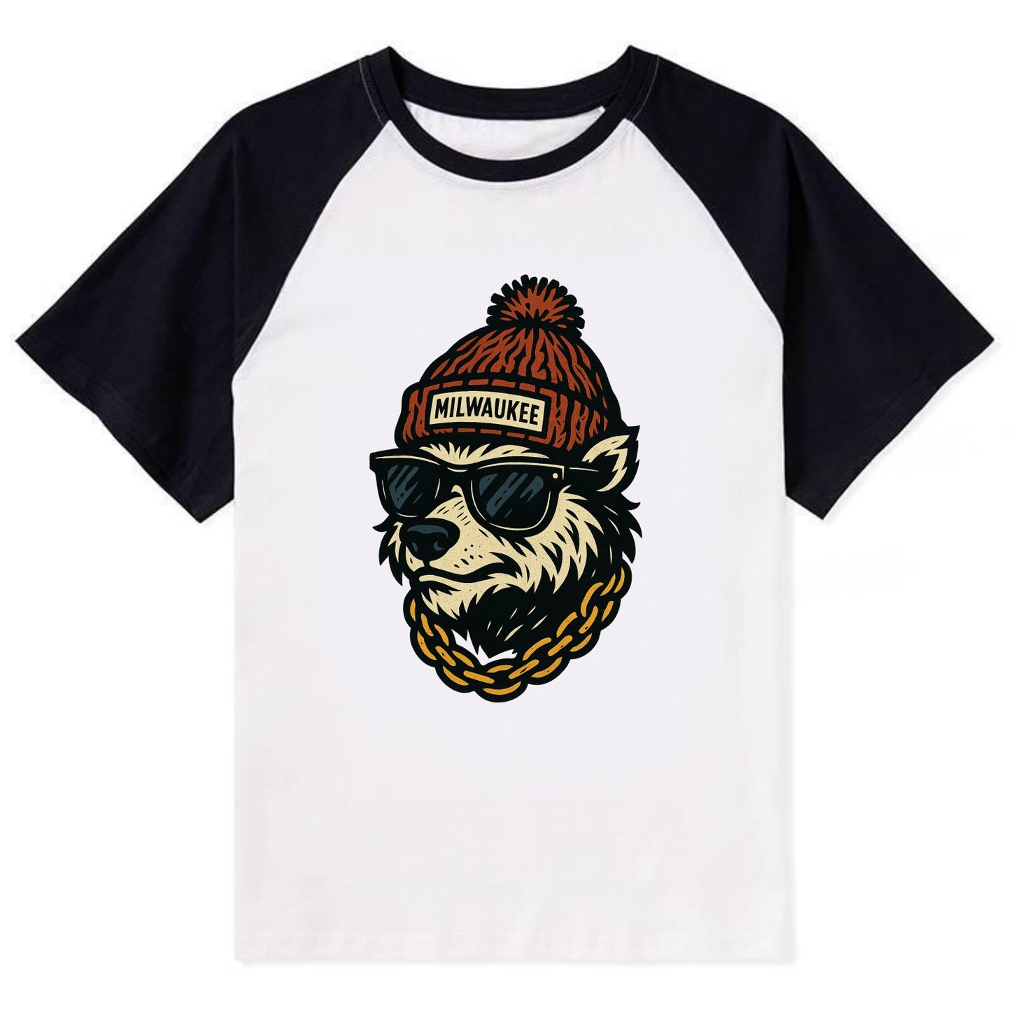 Milwaukee Badger wearing Milwaukee beanie with pom pom and wayfarer - Contrast Raglan T-shirt - Black