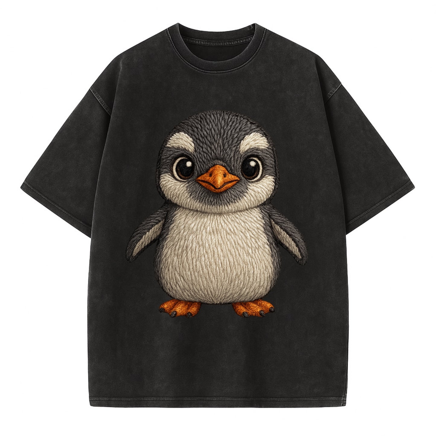 Baby Gentoo Penguin - orange beak, white cap, bright eyes, front-facing, energetic - Vintage T-shirt - Black