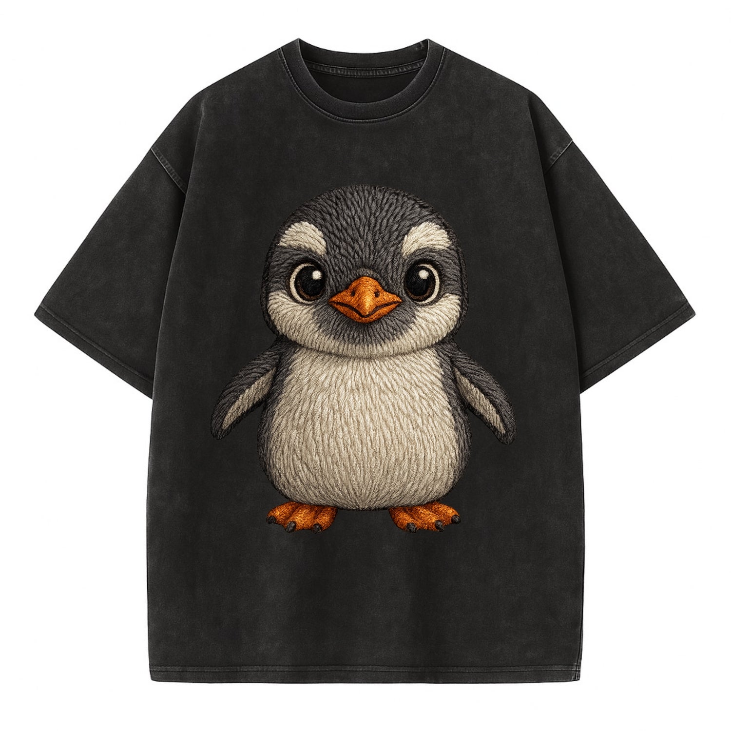Baby Gentoo Penguin - orange beak, white cap, bright eyes, front-facing, energetic - Vintage T-shirt - Black