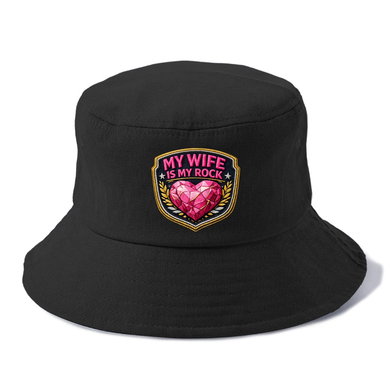 MY WIFE IS MY ROCK - pink rock heart - pink - solid wife - Bucket Hat - Black