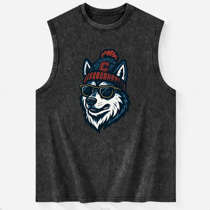 Storrs Husky wearing UConn beanie with C patch - Vintage Washed Tank - Black