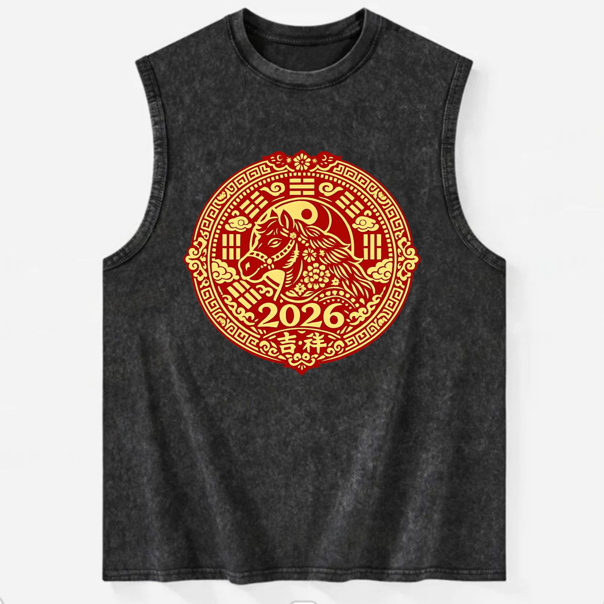 LUCKY HORSE MEDALLION | Circular medallion with horse profile | Intricate - Vintage Washed Tank - Black