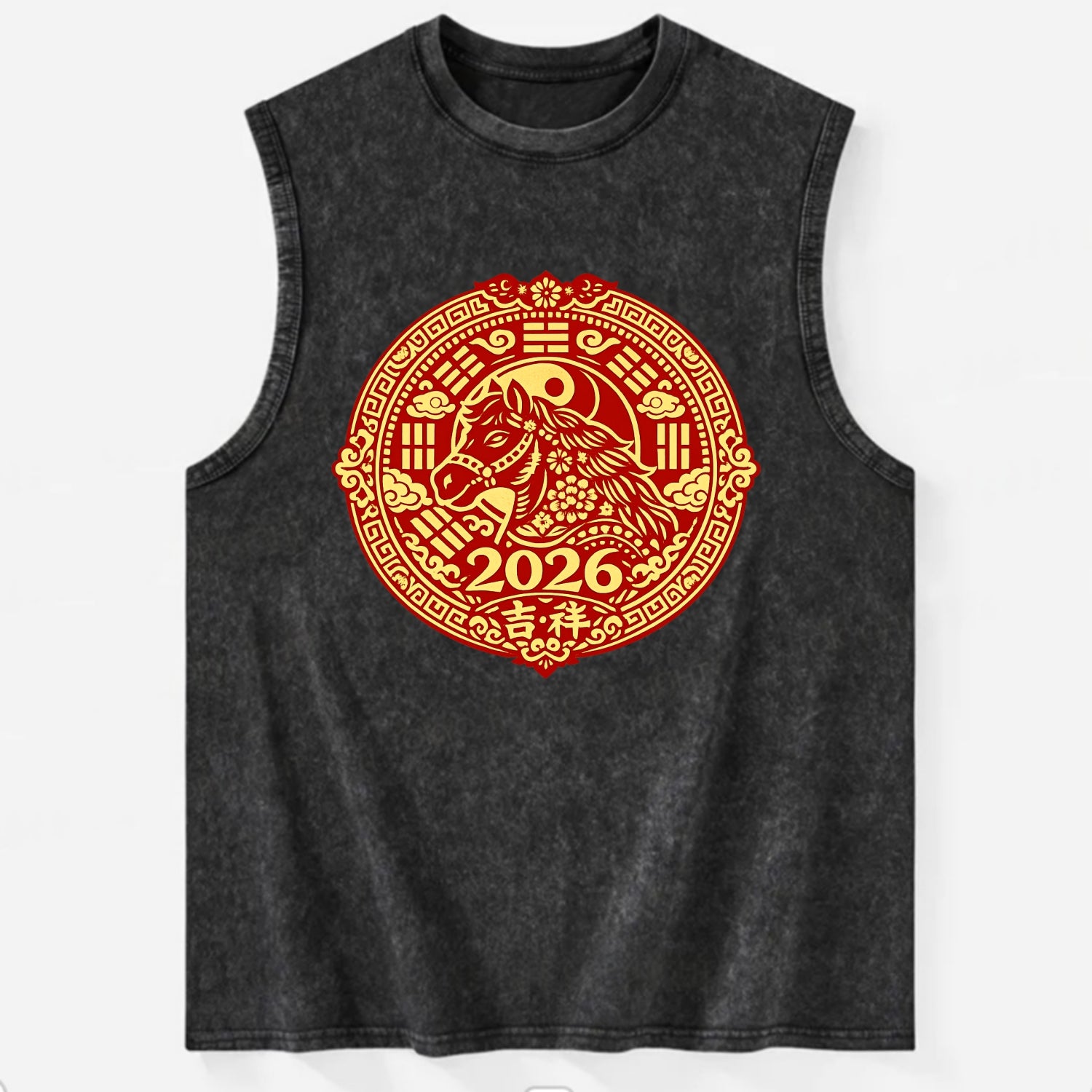 LUCKY HORSE MEDALLION | Circular medallion with horse profile | Intricate - Vintage Washed Tank - Black