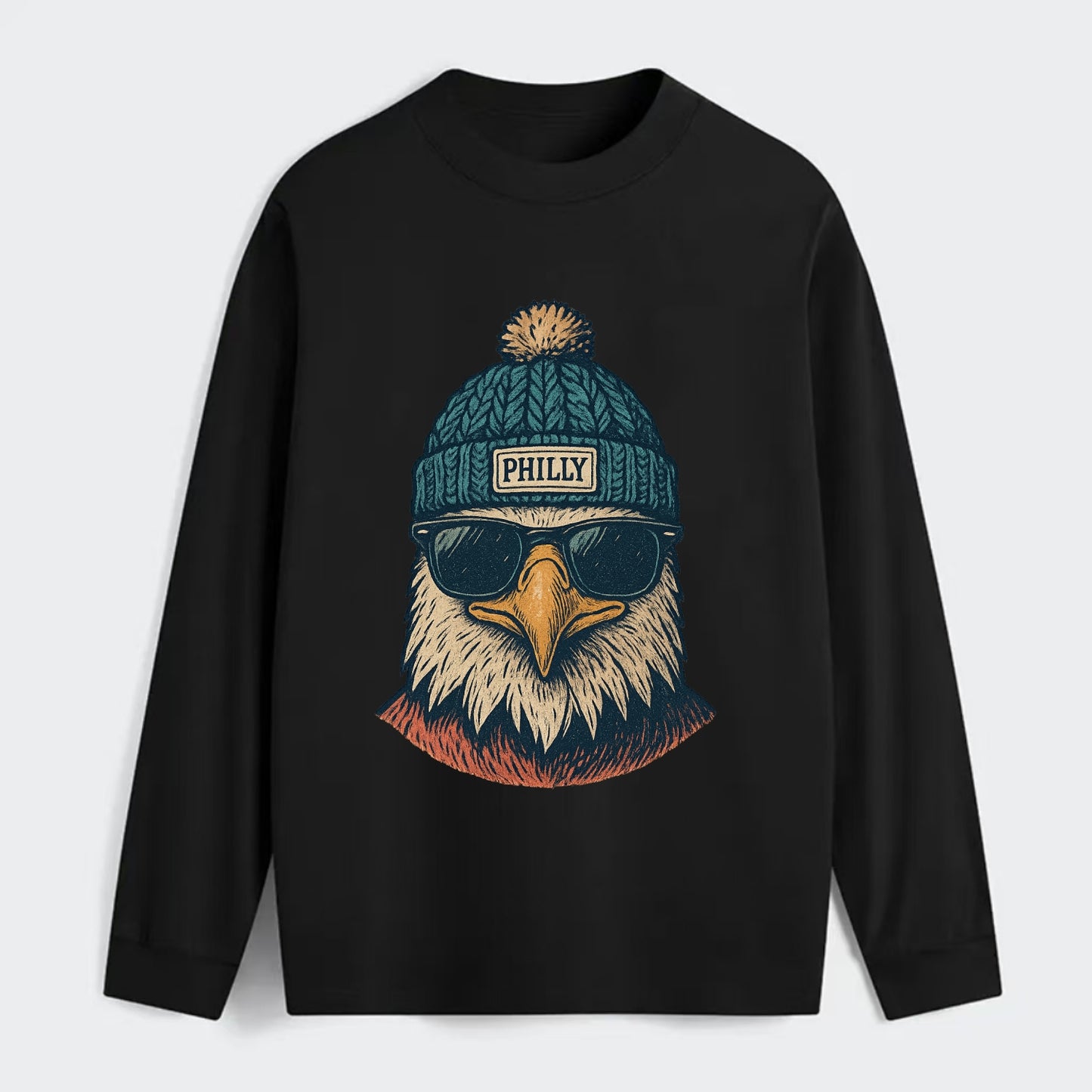 Philadelphia Eagle wearing Philly beanie with pom pom and wayfarer - Classic Long Sleeve Shirt - Black