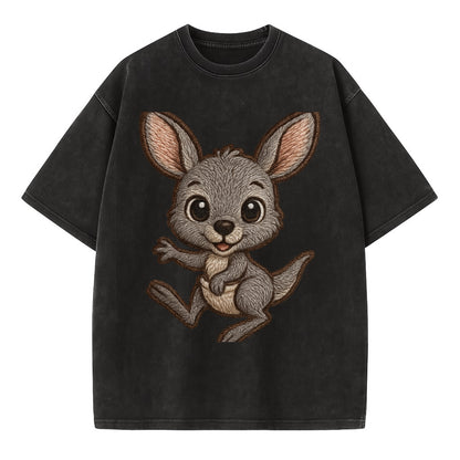 Baby Kangaroo Joey - gray fur, large ears, in pouch peek, bright eyes, - Vintage T-shirt - Black