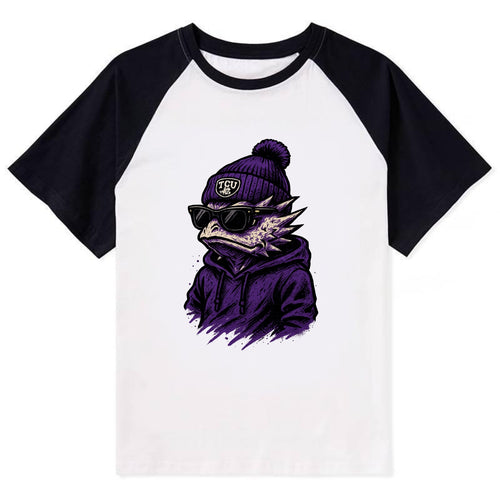Fort Worth Horned Frog wearing TCU beanie with frog patch - Contrast Raglan T-shirt
