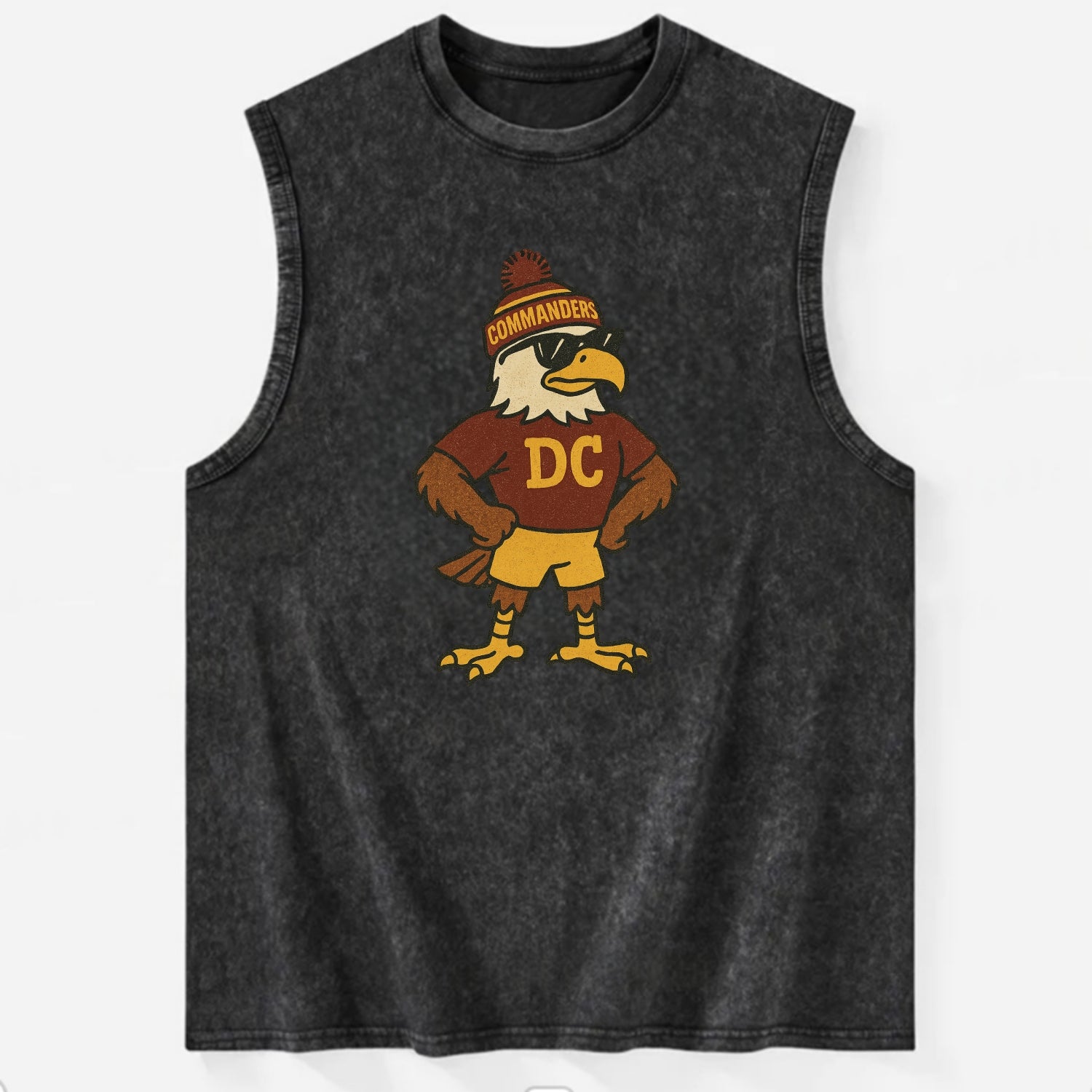 DC Eagle wearing Commanders burgundy and gold beanie with pom pom and - Vintage Washed Tank - Black